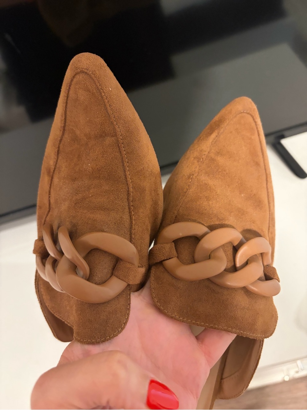 Target Brown Suede Pointed Toe Chain-Trim Mules